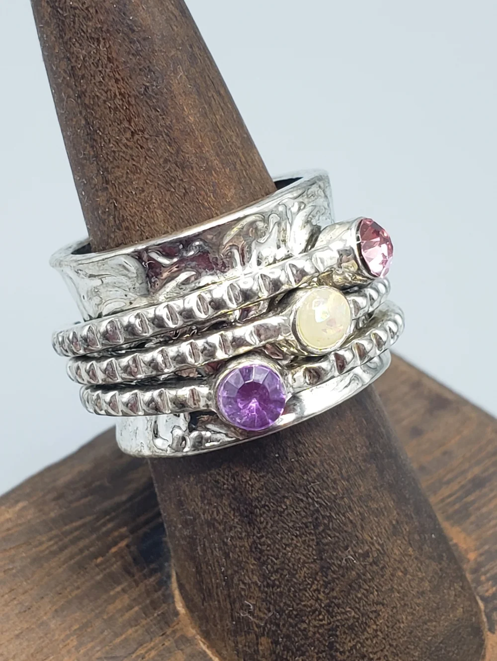 Silver Spinner Ring - 3 Multi-Stack Ring w/ Pink Purple Cream Stones - Hammered